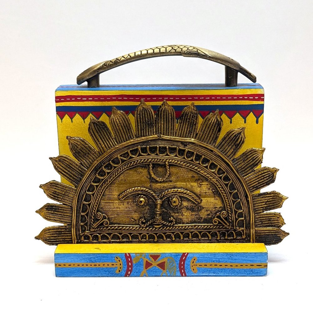 Lane Ocean Blue Handpainted Rising Sun Napkin Holder With Dhokra Art Bright Fun